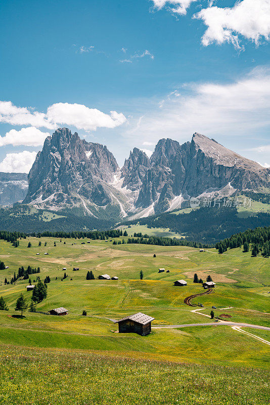 Alpe di Siusi与Sassolungo, Langkofel山脉群在Dolomites，意大利